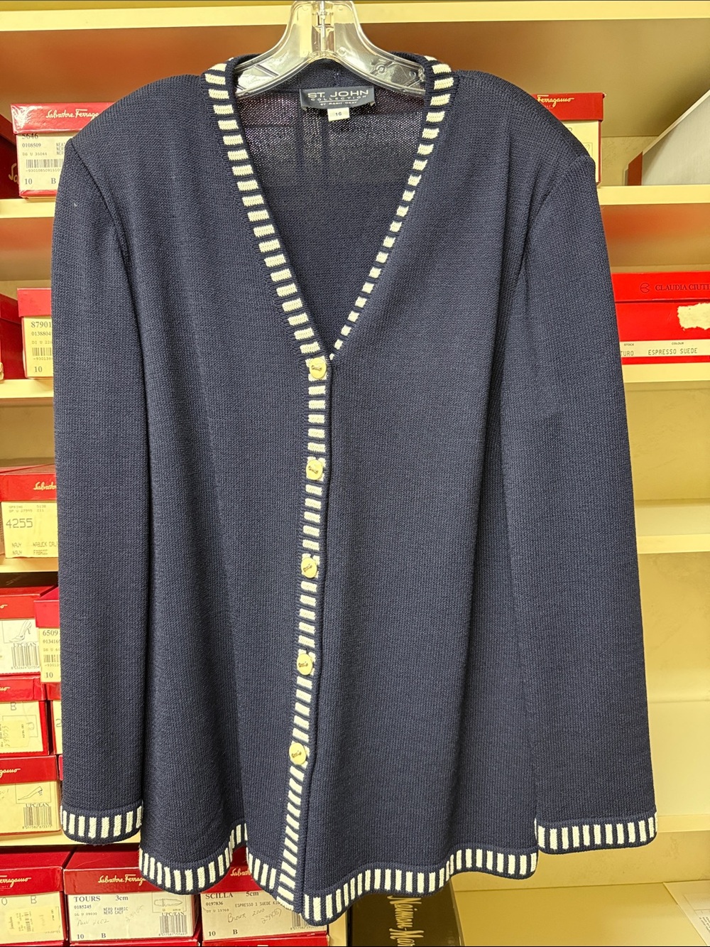St. John Collection longline navy Cardigan with white Trim detail